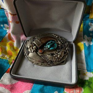 Bear Claw Turquoise Coral Silver Vintage Belt Buckle
